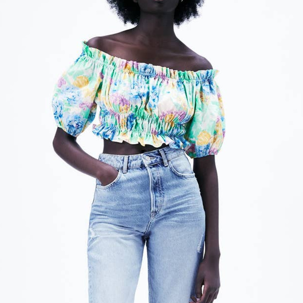 Zara Floral Off-Shoulder Crop Top in Pastel Green and Yellow